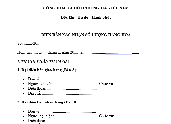 Mẫu Biên bản xác nhận số lượng hàng hóa