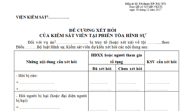 Mẫu Đề cương xét hỏi của Kiểm sát viên tại phiên tòa vụ án hình sự sơ thẩm