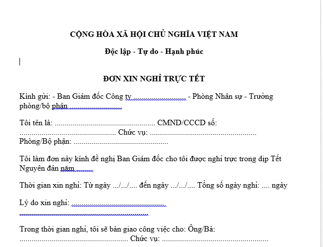  Mẫu Đơn xin nghỉ trực Tết dành cho người lao động