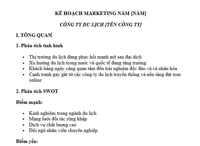 Mẫu kế hoạch Marketing năm cho công ty du lịch