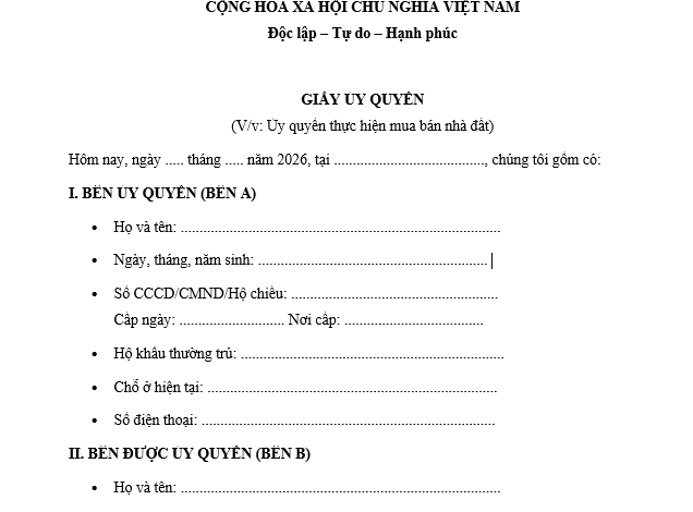 Mẫu giấy ủy quyền mua bán nhà đất mới nhất 2026