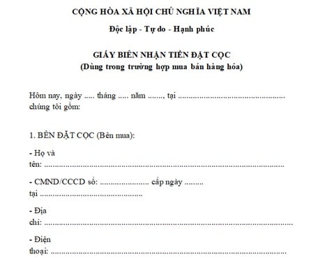 Mẫu giấy biên nhận tiền đặt cọc mua hàng hóa
