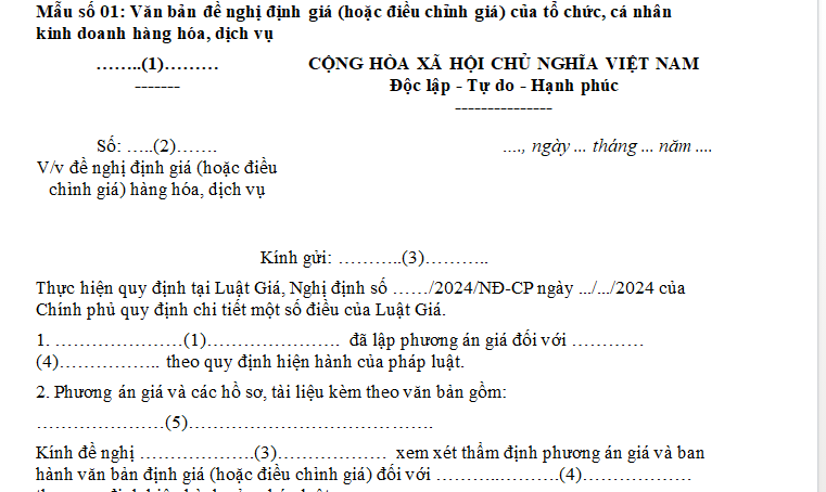 Văn bản đề nghị điều chỉnh giá của tổ chức, cá nhân kinh doanh hàng hóa, dịch vụ