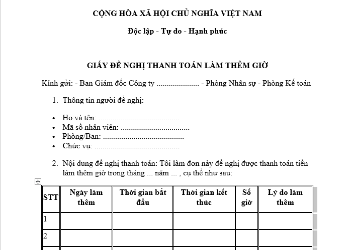 Mẫu Giấy đề nghị thanh toán làm thêm giờ dành cho người lao động