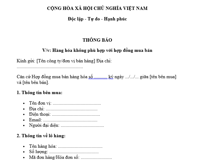 Mẫu Thông báo hàng hóa không phù hợp với hợp đồng mua bán hàng hóa