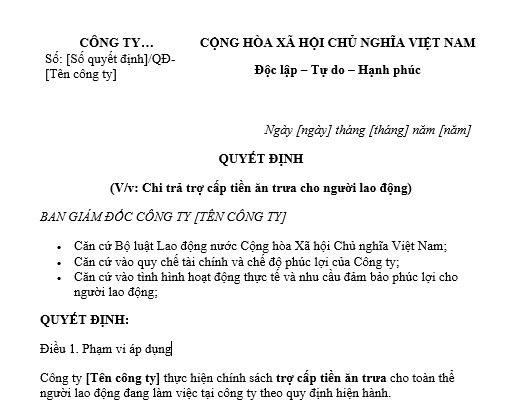 Mẫu quyết định chi trả trợ cấp tiền ăn trưa dành cho người lao động của công ty