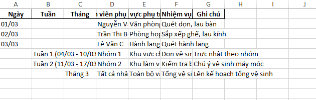 Bảng phân công trực nhật văn phòng Excel