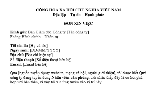 Mẫu đơn xin việc nhân viên văn phòng