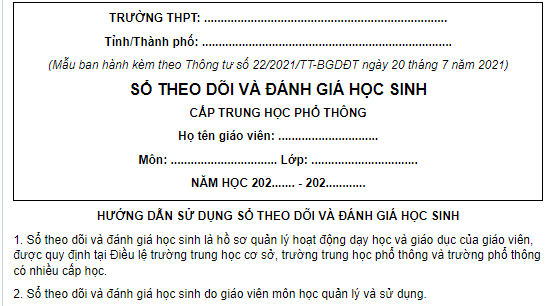 Mẫu Sổ theo dõi và đánh giá học sinh THPT do giáo viên môn học quản lý và sử dụng mới nhất