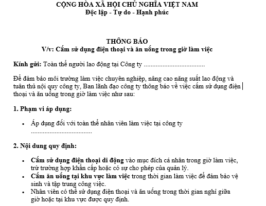 Mẫu thông báo cấm sử dụng điện thoại và ăn uống trong giờ làm việc áp dụng cho người lao động