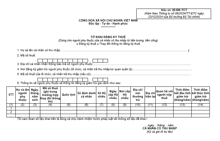 Mẫu tờ khai đăng ký thuế dùng cho người phụ thuộc của cá nhân có thu nhập từ tiền lương, tiền công