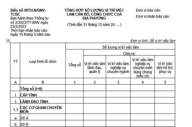 Mẫu báo cáo tổng hợp số lượng vị trí việc làm cán bộ công chức địa phương
