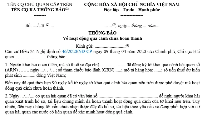 Mẫu thông báo về hoạt động quá cảnh chưa hoàn thành