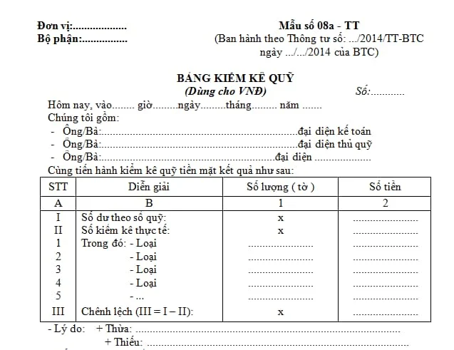 Mẫu Biên bản kiểm kê quỹ tiền mặt dùng cho VNĐ