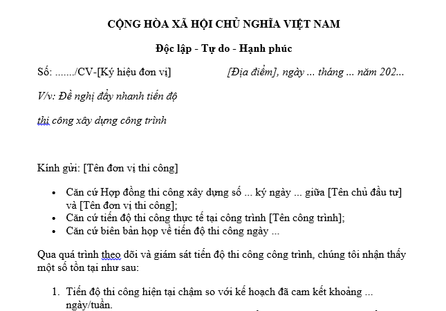  Mẫu công văn đề nghị đẩy nhanh tiến độ thi công xây dựng công trình