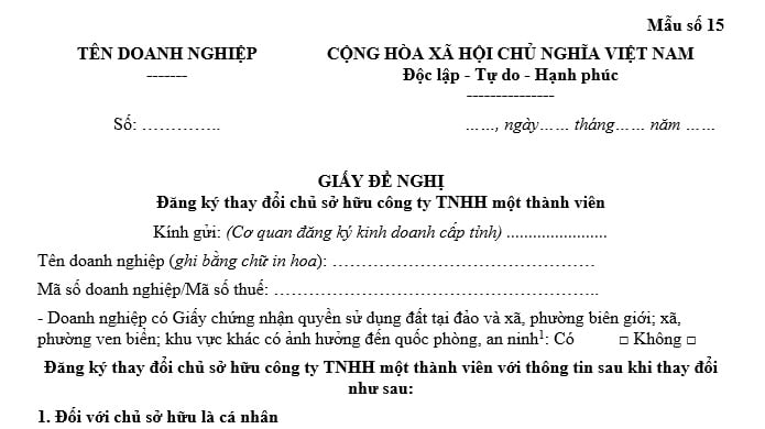 Mẫu Giấy đề nghị đăng ký thay đổi chủ sở hữu công ty TNHH một thành viên đối với chủ sở hữu là cá nhân