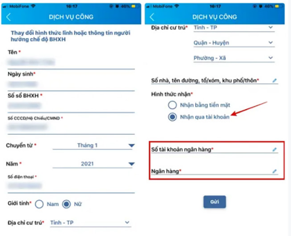 Nhập thông tin bắt buộc (có dấu sao đỏ), Tại mục Hình thức nhận - chọn nhận qua tài khoản. Nhập số tài khoản ngân hàng và tên Ngân hàng (ghi rõ tên chi nhánh ngân hàng) mà người hưởng muốn nhận - bấm Gửi.