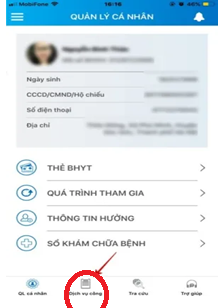 Bước 1: Đăng nhập vào ứng dụng VssID. Tại màn hình Quản lý cá nhân, vào mục Dịch vụ công