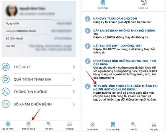 Bước 2: Chọn mục Thay đổi hình thức lĩnh hoặc thông tin người hưởng chế độ BHXH.