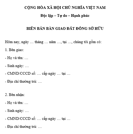 Mẫu biên bản bàn giao đất đồng sở hữu
