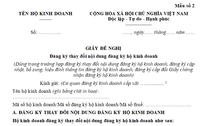 Mẫu giấy đề nghị đăng ký thay đổi trụ sở hộ kinh doanh mới nhất?