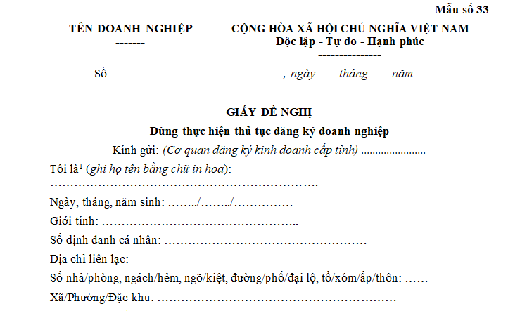 Mẫu Giấy đề nghị dừng thực hiện thủ tục đăng ký doanh nghiệp dành cho doanh nghiệp tư nhân mới nhất? Tải mẫu? 