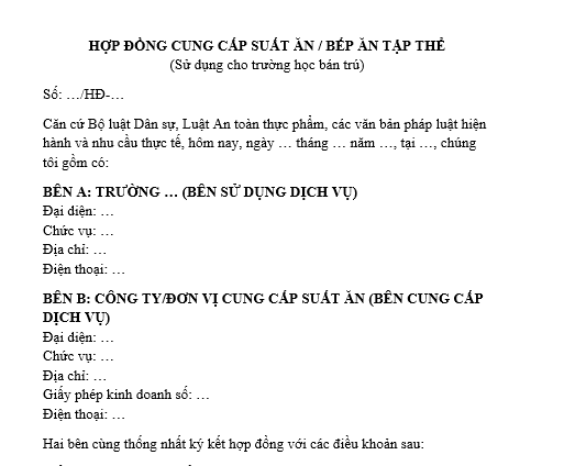 Mẫu hợp đồng cung cấp suất ăn, bếp ăn tập thể cho trường học bán trú? Hợp đồng cung cấp suất ăn, bếp ăn tập thể cho trường học bán trú là gì?