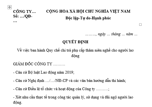Mẫu Quyết định ban hành quy chế chi trả phụ cấp thâm niên nghề cho người lao động công ty