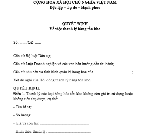 Mẫu quyết định thanh lý hàng tồn kho