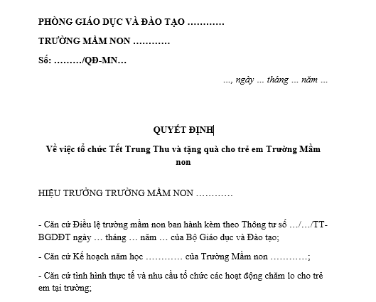 Mẫu quyết định tổ chức Tết Trung thu và tặng quà cho trẻ em của trường mầm non? Tải mẫu tại đâu?