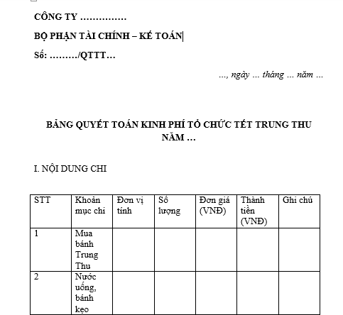 Mẫu quyết toán kinh phí tổ chức Tết Trung thu dành cho doanh nghiệp