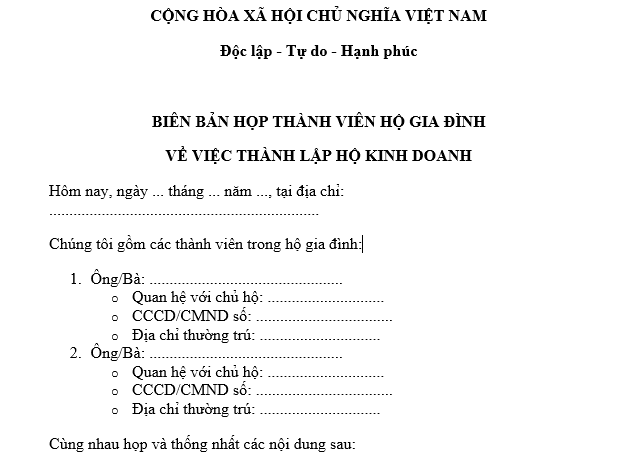 Mẫu Biên bản họp thành viên hộ gia đình về việc thành lập hộ kinh doanh