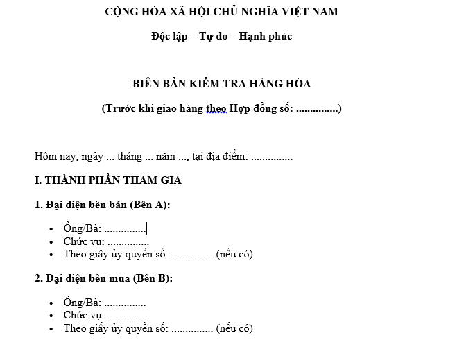 Biên bản kiểm tra hàng hóa trước khi giao hàng theo hợp đồng mua bán hàng hóa