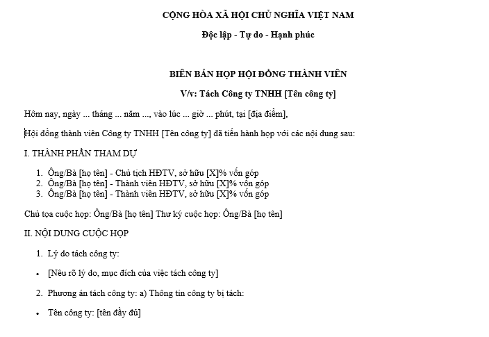 Mẫu Biên bản họp Hội đồng thành viên công ty TNHH hai thành viên trở lên về việc tách công ty
