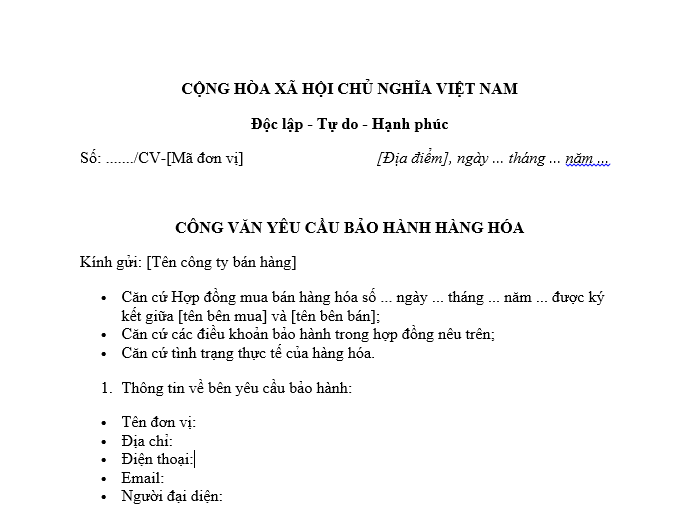  Mẫu công văn yêu cầu bảo hành hàng hóa theo hợp đồng mua bán hàng hóa