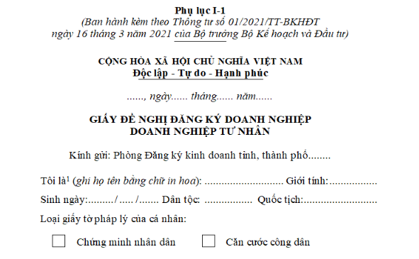 Mẫu Giấy đề nghị đăng ký doanh nghiệp tư nhân trên cơ sở chuyển đổi từ hộ kinh doanh