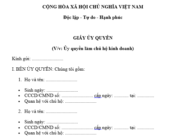 Mẫu văn bản ủy quyền của thành viên hộ gia đình cho một thành viên làm chủ hộ kinh doanh