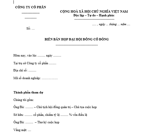 Mẫu biên bản họp Đại hội đồng cổ đông công ty cổ phần về việc thông qua hợp đồng hợp nhất để thành lập công ty mới