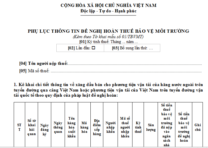 Mẫu Phụ lục thông tin đề nghị hoàn thuế bảo vệ môi trường 2026