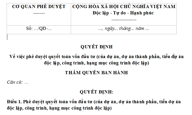 Mẫu Quyết định phê duyệt quyết toán vốn đầu tư công trình, hạng mục công trình độc lập 2026