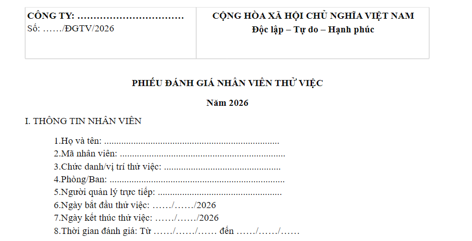 Mẫu đánh giá nhân viên thử việc 2026