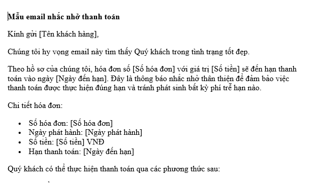 Mẫu email nhắc nhở thanh toán gửi khách hàng trước ngày đến hạn dành cho doanh nghiệp