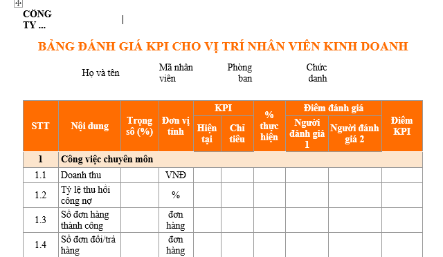 Biểu mẫu đánh giá nhân viên theo KPI – Nhân viên kinh doanh