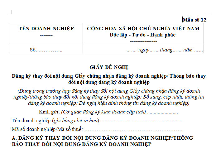 Mẫu Thông báo thay đổi ngành nghề kinh doanh chính từ ngành này sang ngành khác của doanh nghiệp 2026