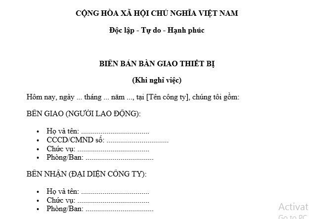  Mẫu Biên bản bàn giao thiết bị khi nghỉ việc của người lao động