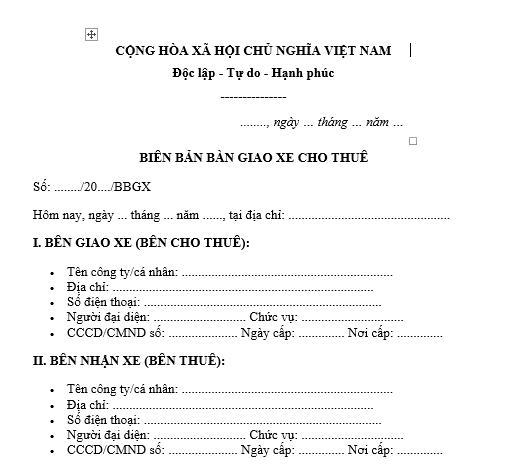 Mẫu Biên bản bàn giao xe cho thuê theo hợp đồng thuê xe