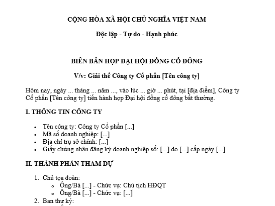 Mẫu biên bản họp giải thể công ty cổ phần