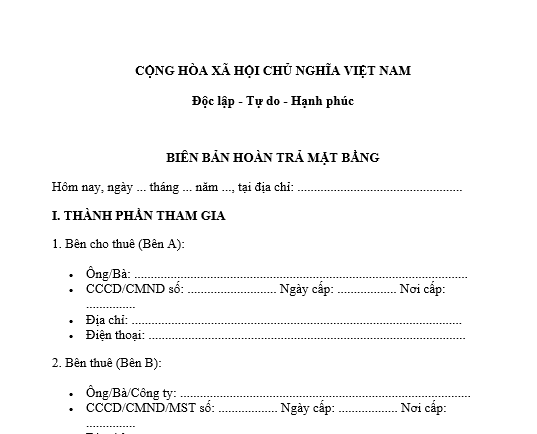  Mẫu biên bản hoàn trả mặt bằng văn phòng, nhà cho thuê