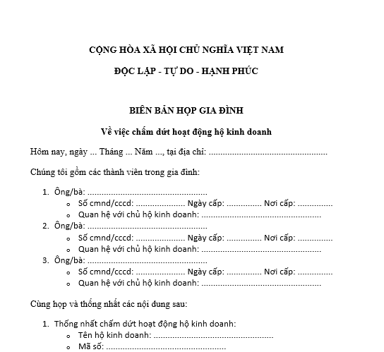  Mẫu biên bản họp thành viên hộ gia đình về việc chấm dứt hoạt động hộ kinh doanh