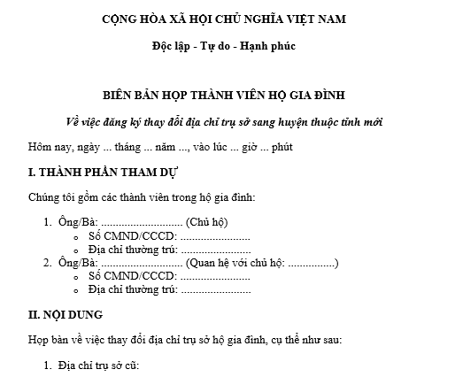 Mẫu Biên bản họp thành viên hộ gia đình về việc đăng ký thay đổi địa chỉ trụ sở sang huyện thuộc tỉnh.